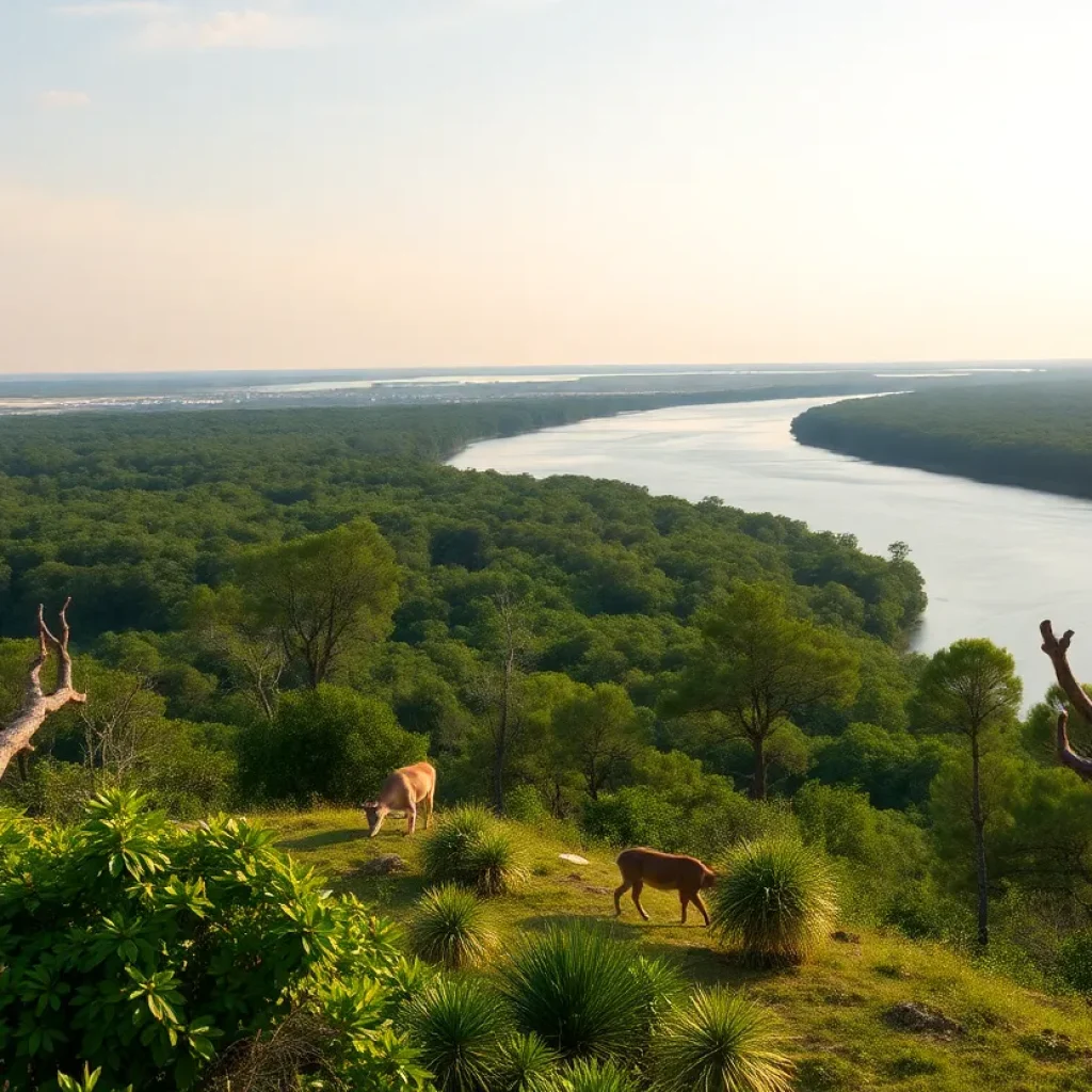 Scenic view of Witherspoon Island with lush green landscapes and the Great Pee Dee River.