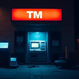 An ATM at night surrounded by electronics symbolizing cybercrime