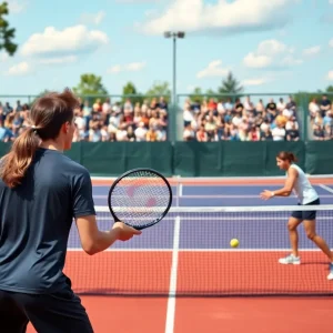 Collegiate tennis players in action during a doubles match.