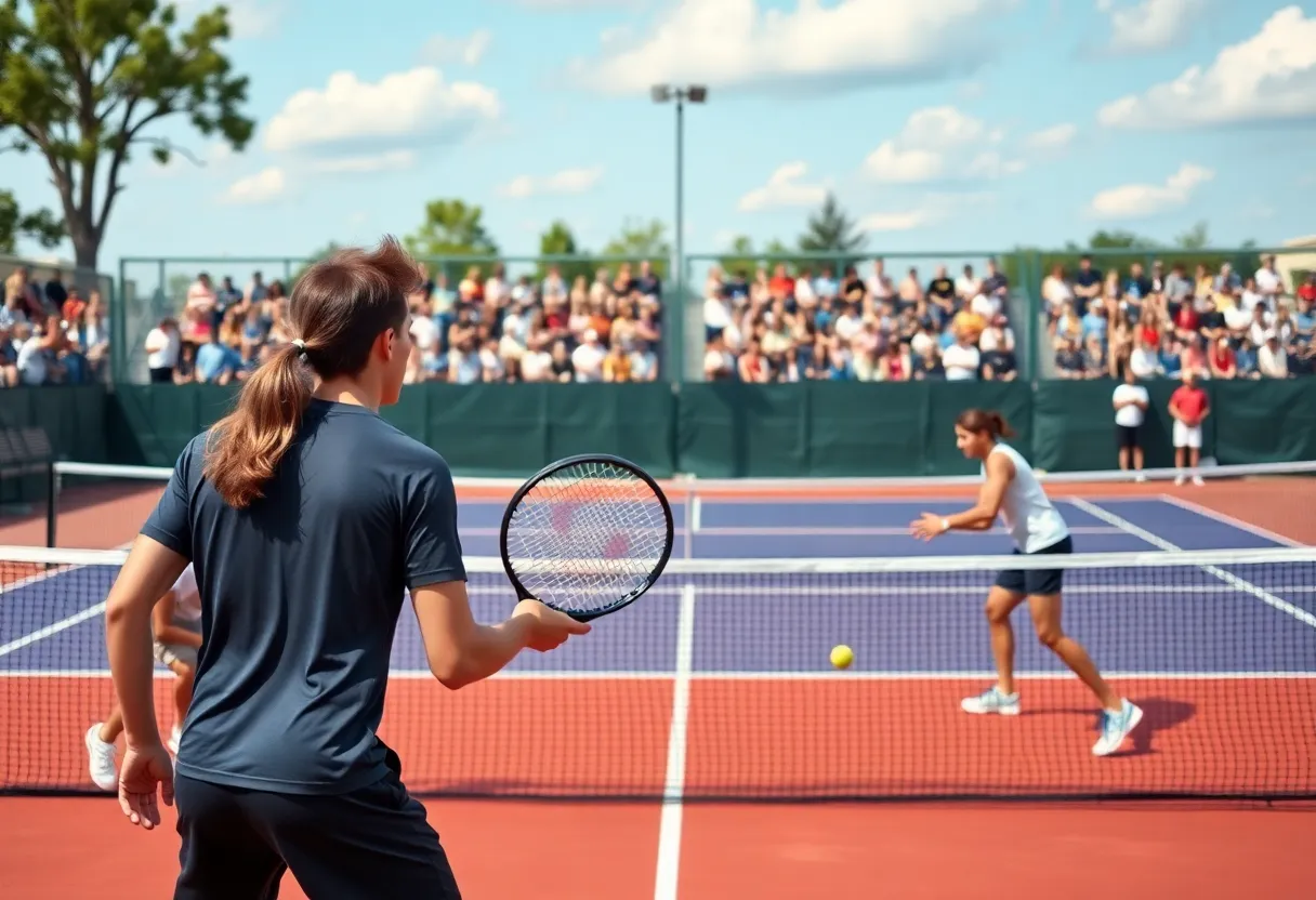 Collegiate tennis players in action during a doubles match.