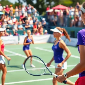 Augusta University Women's Tennis players competing in a match