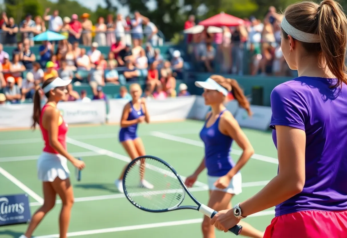 Augusta University Women's Tennis players competing in a match