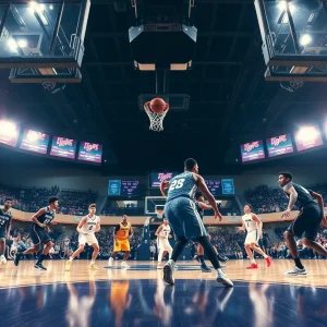 Basketball players competing on the court during a thrilling game.