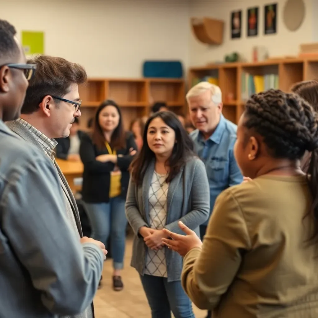 Parents and educators discussing child safety in a community setting