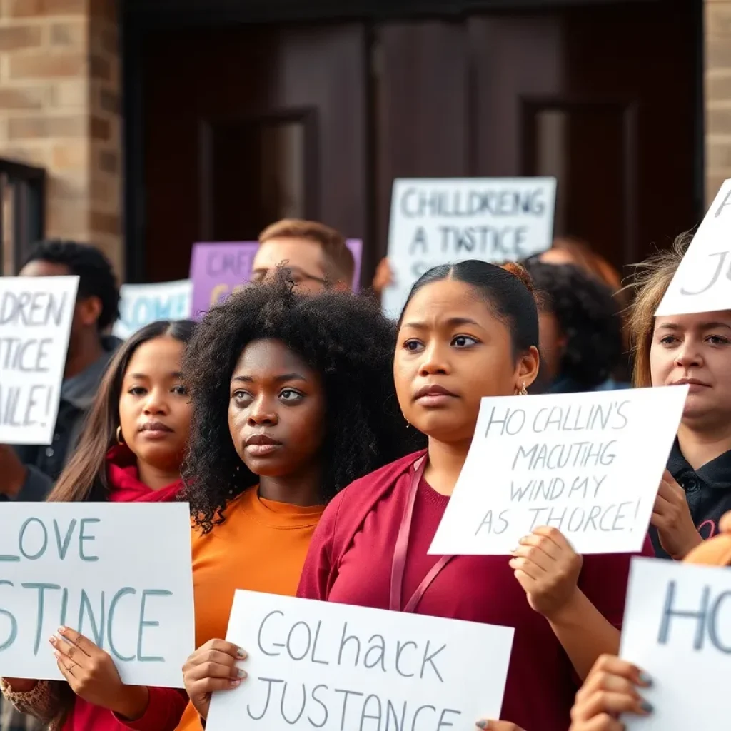 Community members rallying for justice and child safety outside a school.