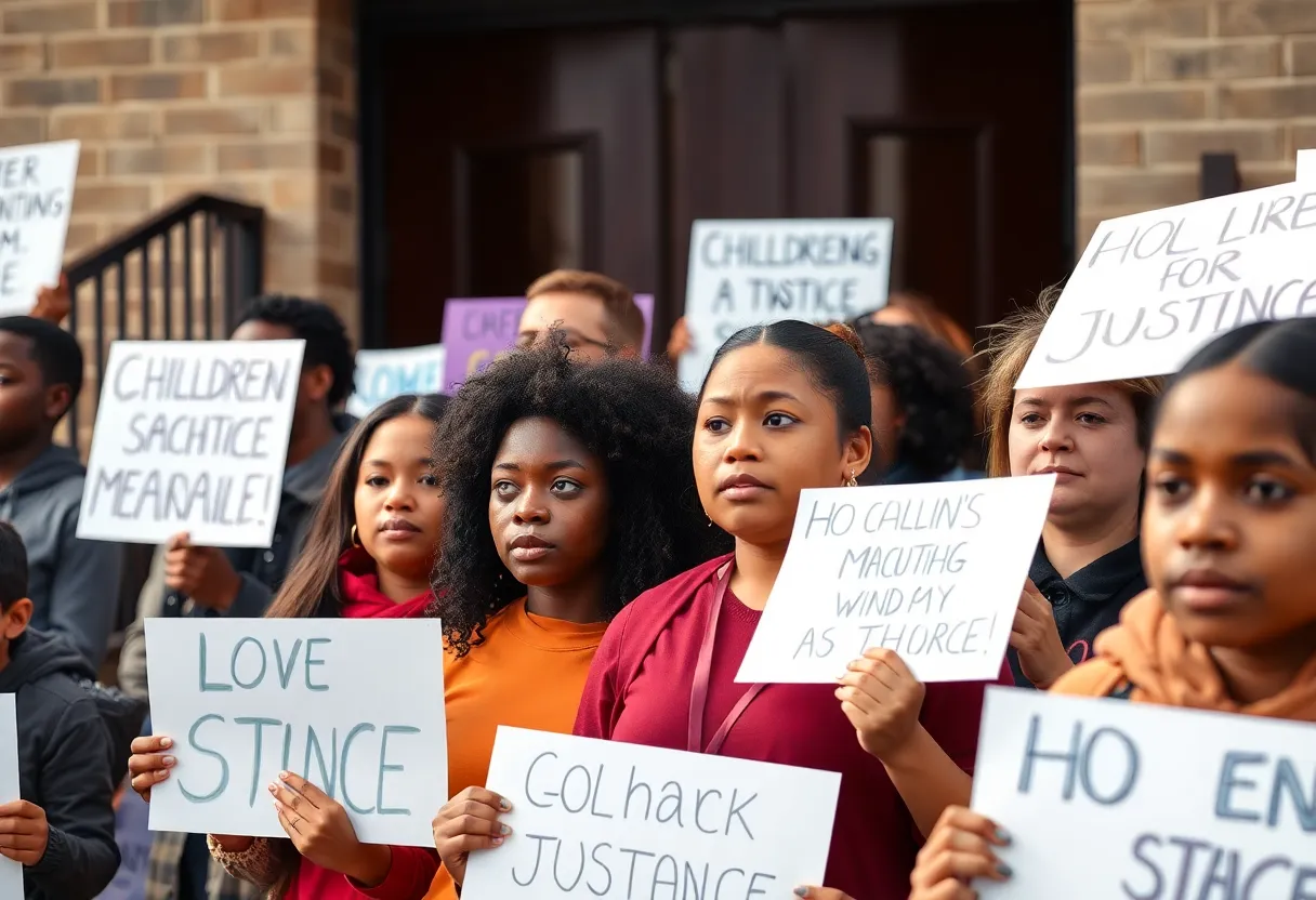 Community members rallying for justice and child safety outside a school.