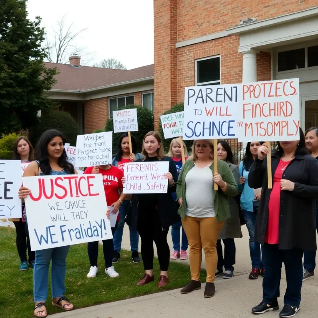 Parents protesting for child safety outside a school