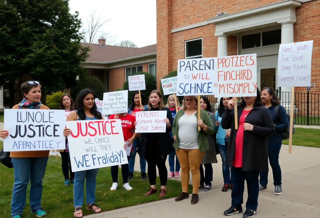 Parents protesting for child safety outside a school