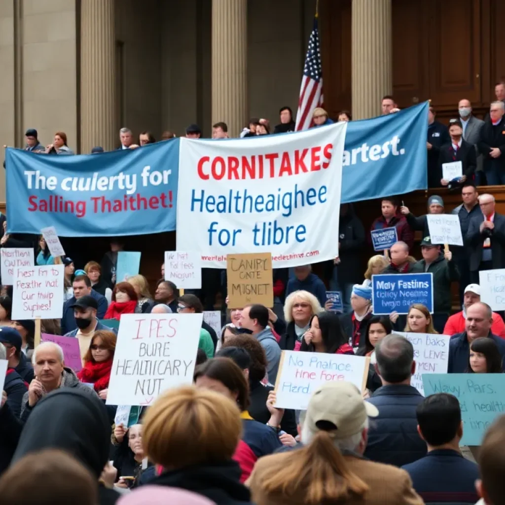 Courtroom with supporters and protesters advocating for healthcare rights.