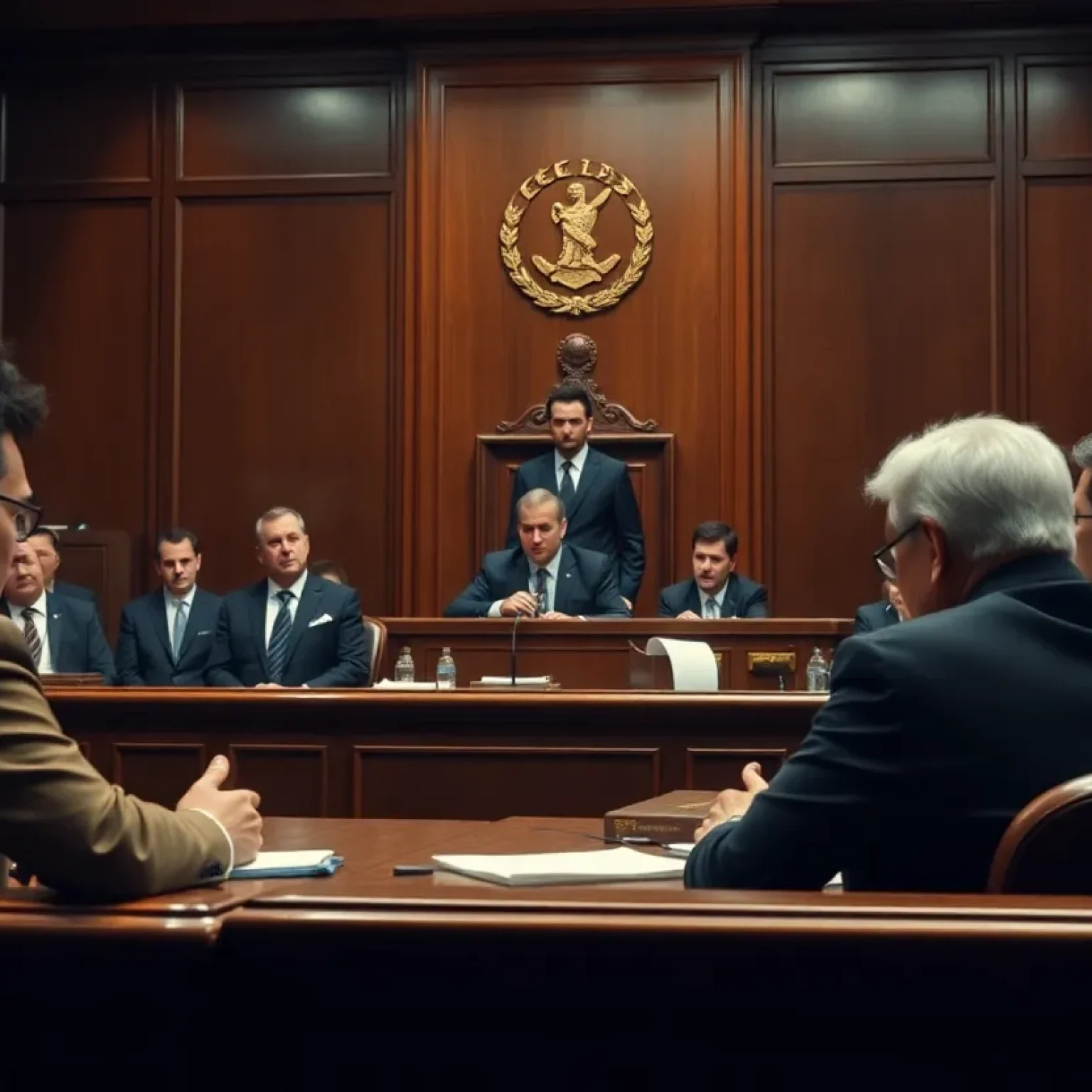 A courtroom filled with legal representatives and onlookers during a high-profile hearing.