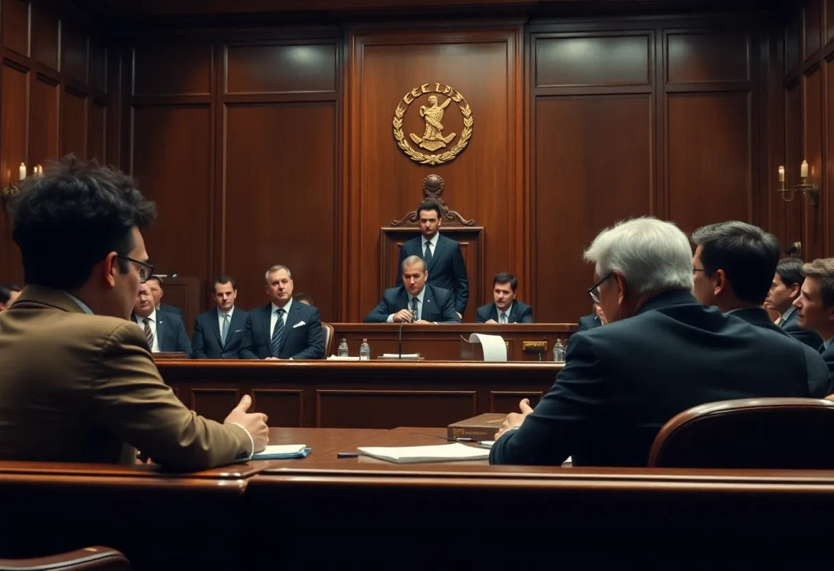 A courtroom filled with legal representatives and onlookers during a high-profile hearing.