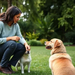 A worried dog owner inspecting their backyard for safety concerning rabies.