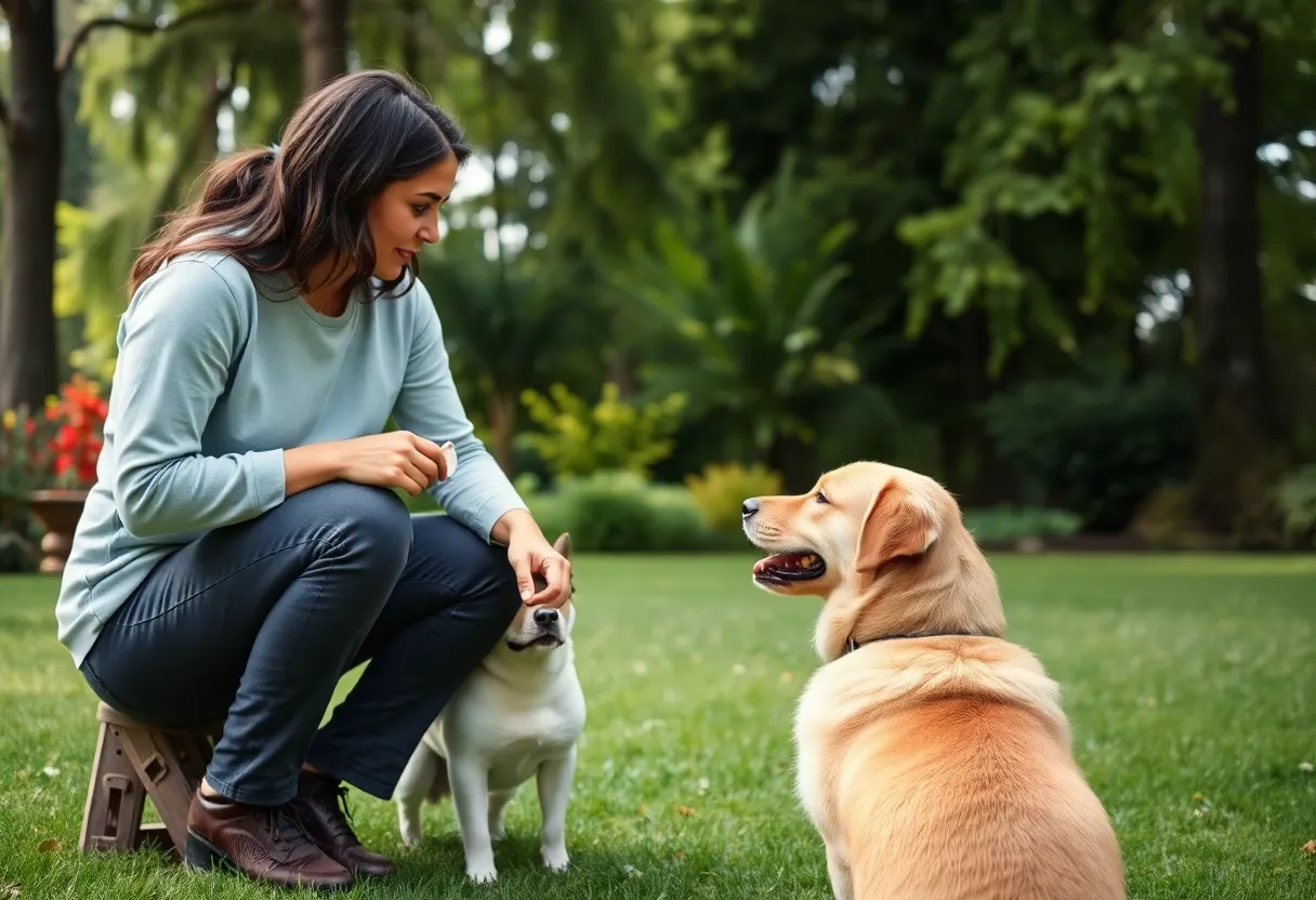 A worried dog owner inspecting their backyard for safety concerning rabies.