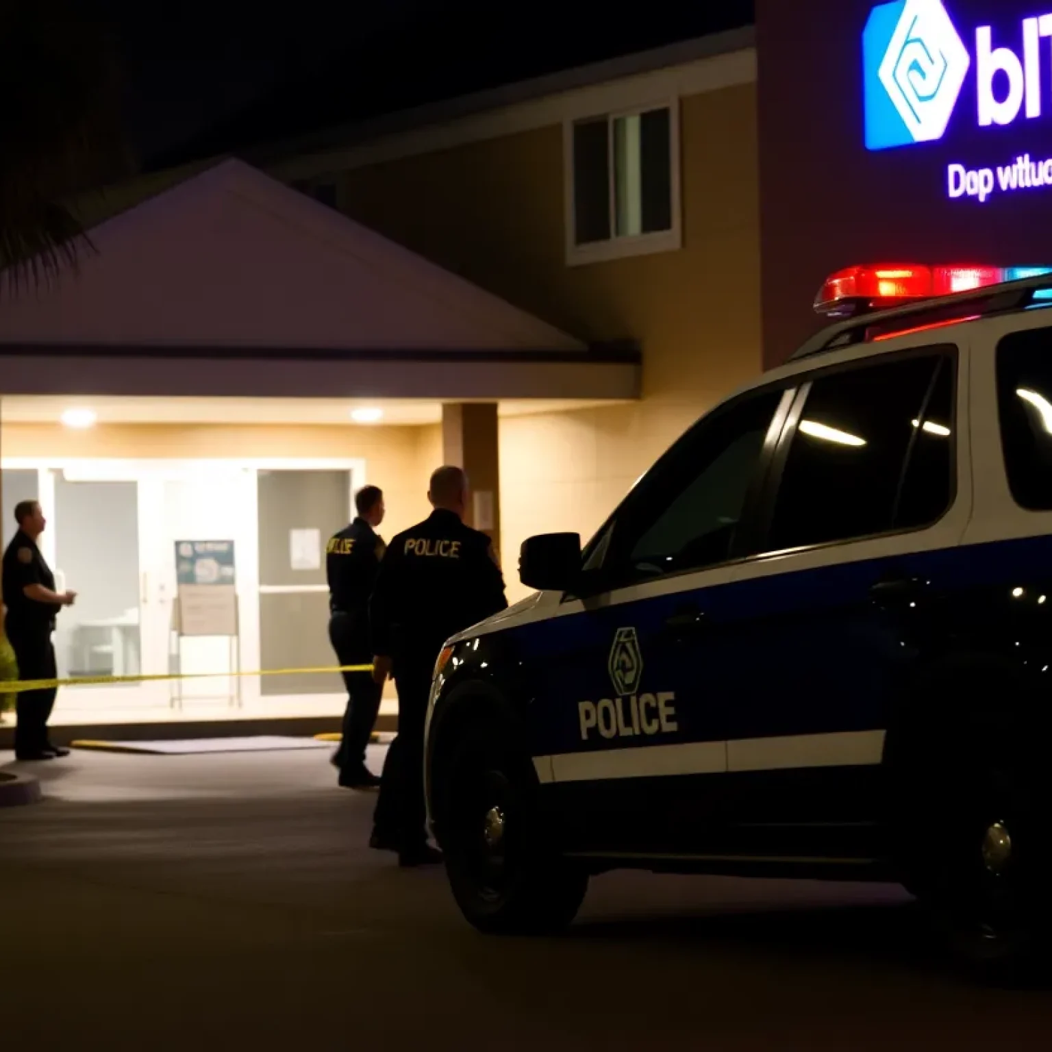 Police vehicles outside a hotel during a drug trafficking arrest.