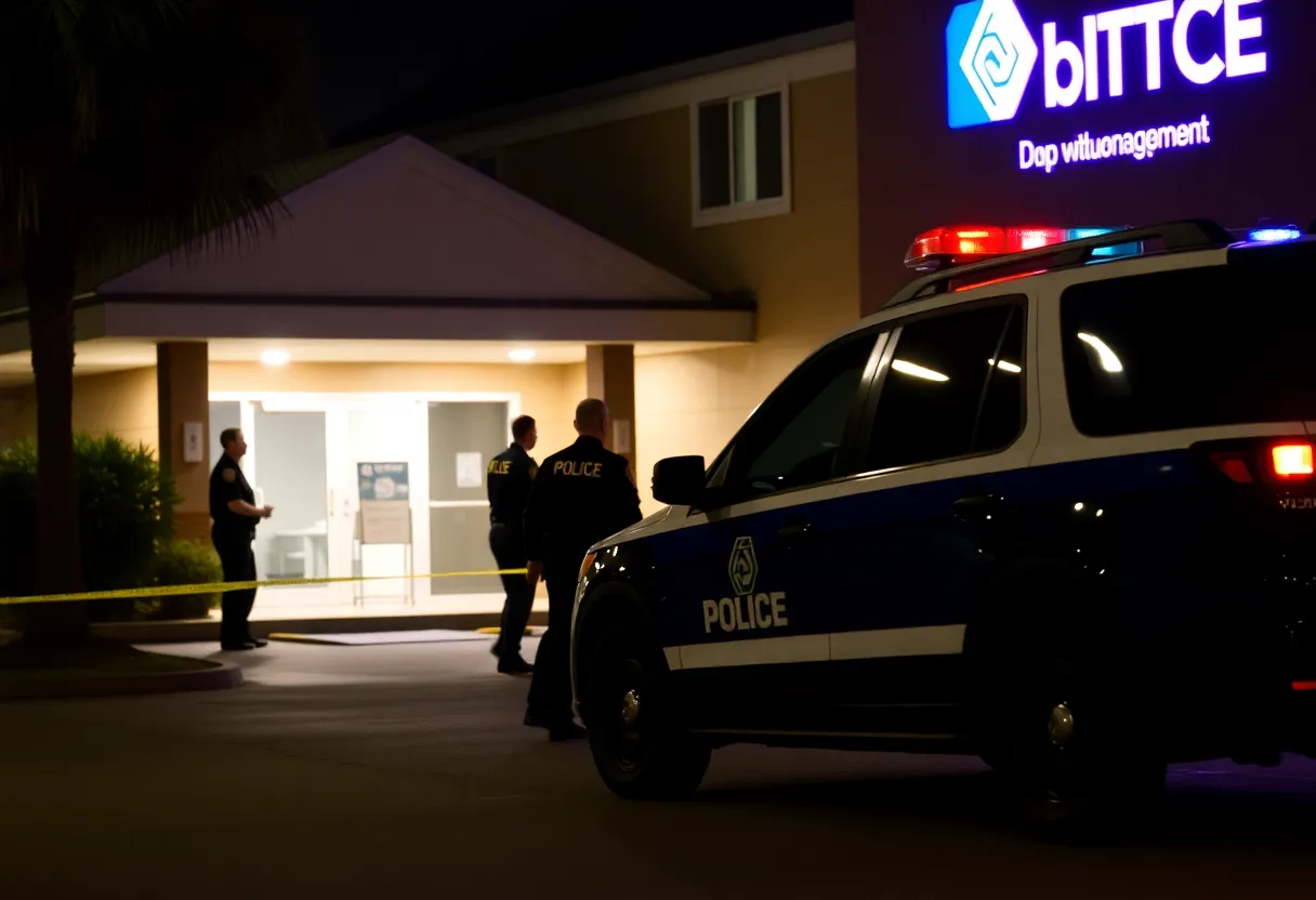 Police vehicles outside a hotel during a drug trafficking arrest.