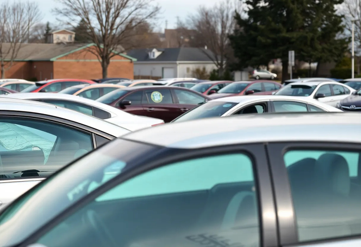 Parking lot in Florence with several cars showing signs of break-ins