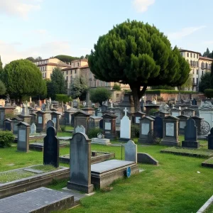 Historic cemetery in Florence with old tombstones and trees