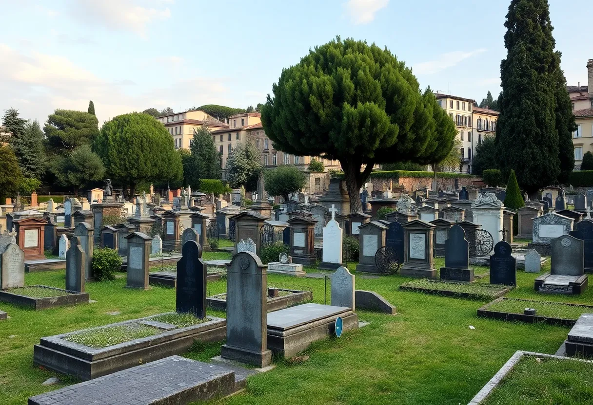 Historic cemetery in Florence with old tombstones and trees