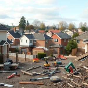 An incomplete construction site showing renovation tools and materials.