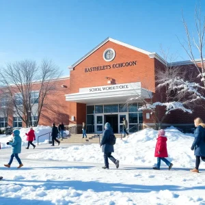 Florence school building in winter with students arriving