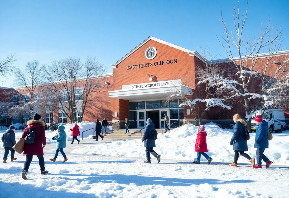 Florence school building in winter with students arriving