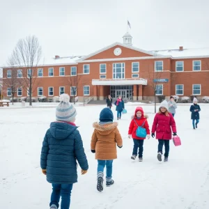 Snow-covered Florence school with students in winter attire.