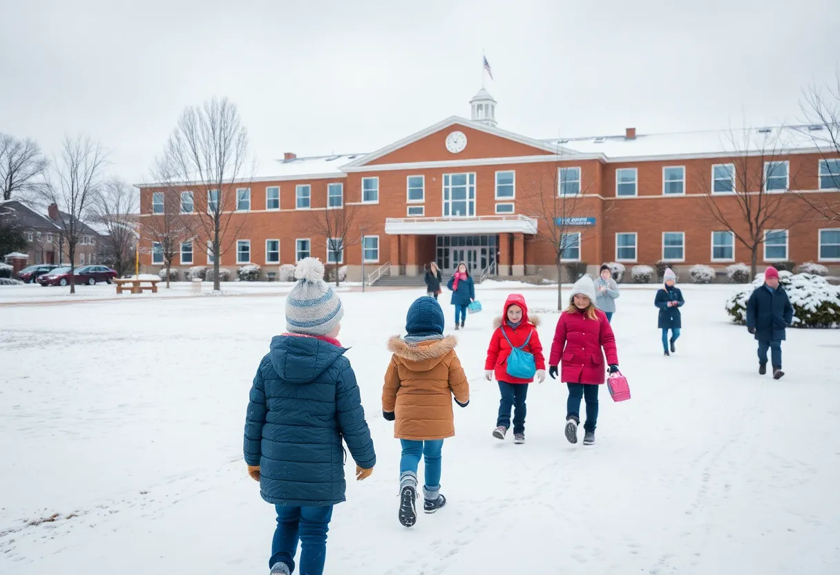 Snow-covered Florence school with students in winter attire.