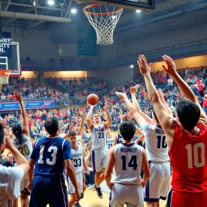 FMU basketball teams celebrating after a victorious game against King University.