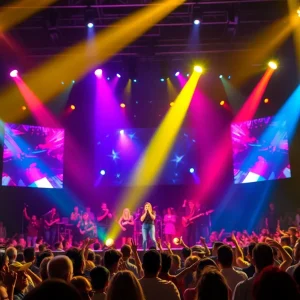 A contestant performs on stage at a singing competition.