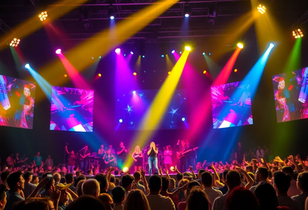 A contestant performs on stage at a singing competition.