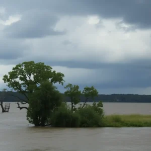 Great Pee Dee River showing high water levels with cloudy skies