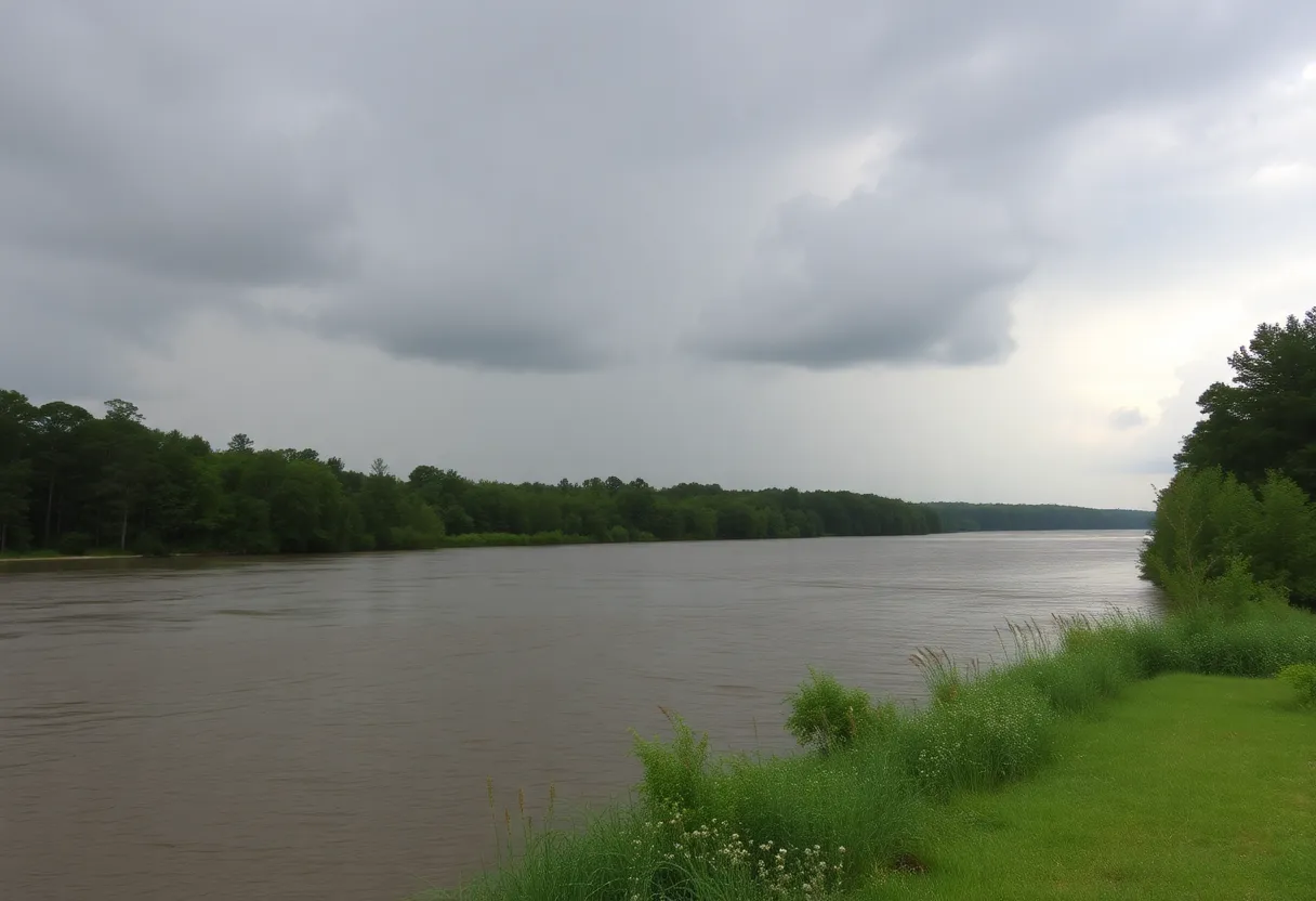 Great Pee Dee River with rising water levels and cloudy skies