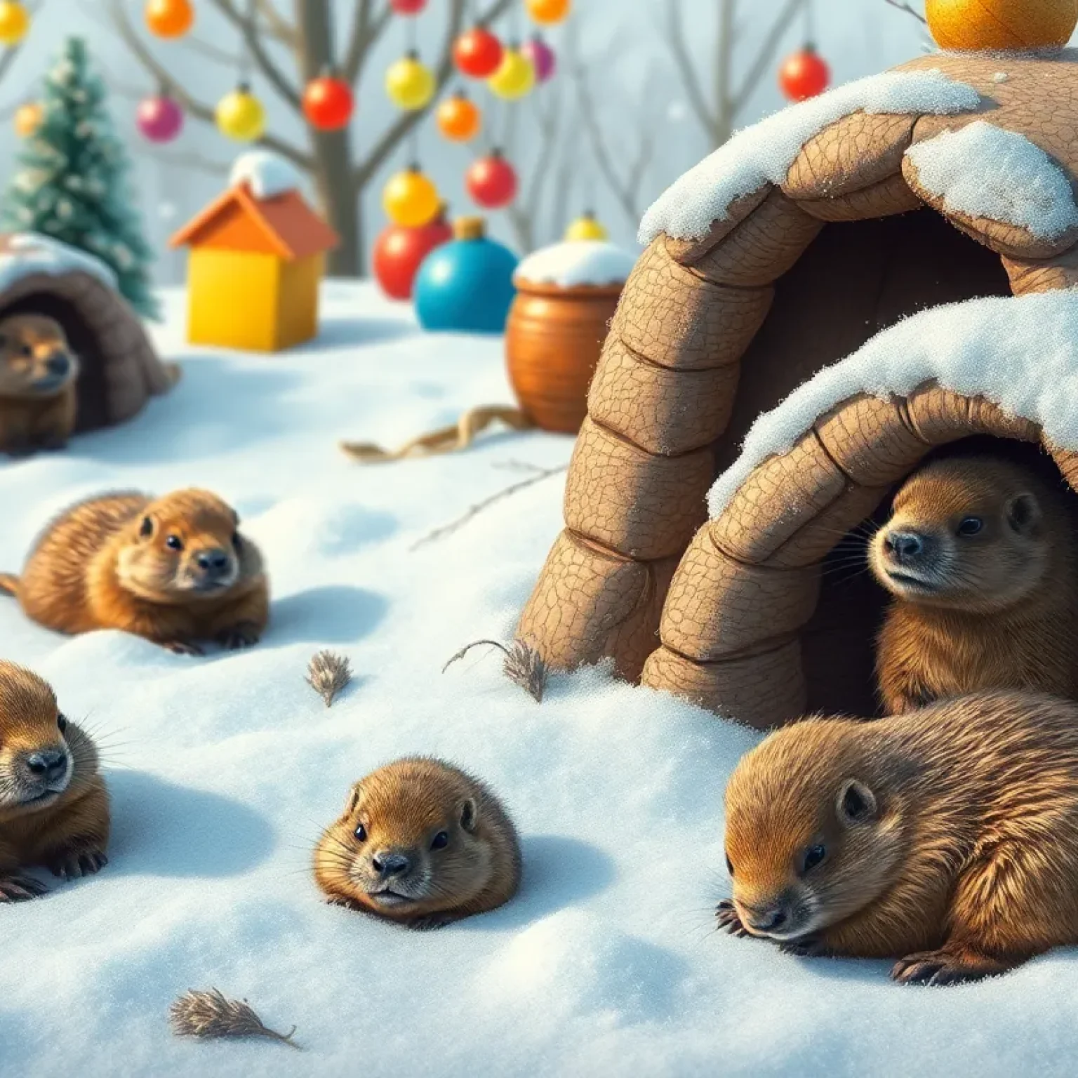 Groundhogs in a winter landscape making predictions for Groundhog Day 2025