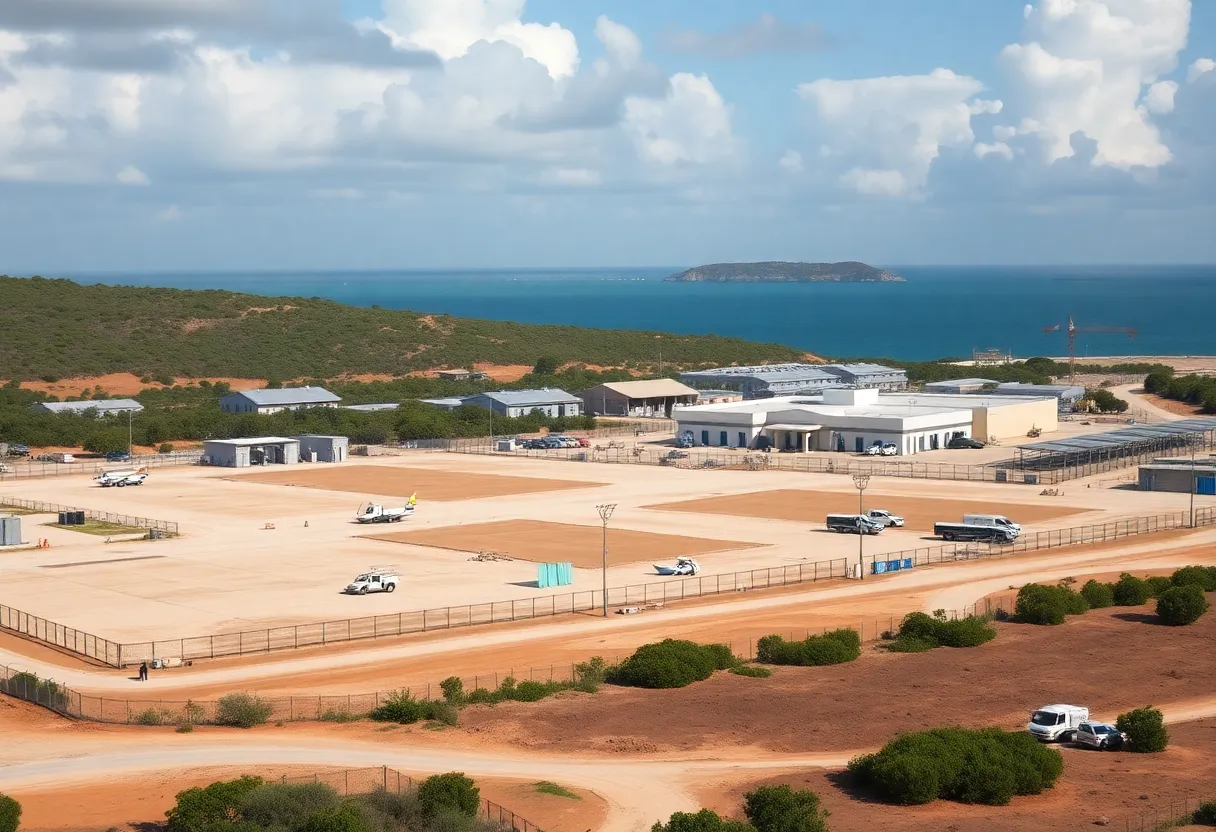 Panoramic view of the Guantanamo Bay detention facility with construction underway.