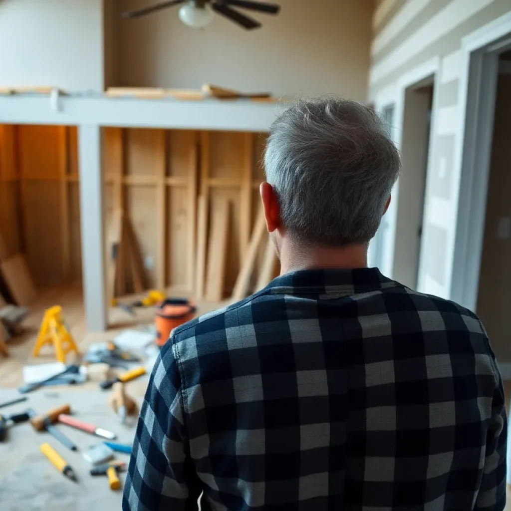 Distressed homeowner at an unfinished renovation site