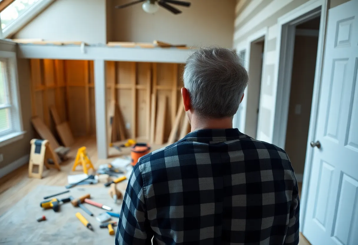 Distressed homeowner at an unfinished renovation site