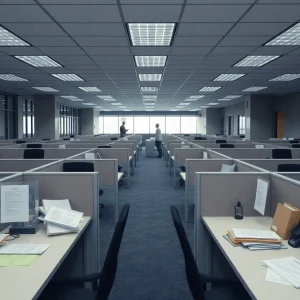 An office environment depicting the aftermath of layoffs at the IRS