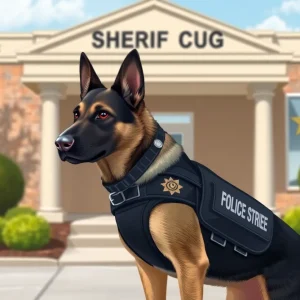 A K-9 police dog wearing a protective vest, symbolizing safety and courage.