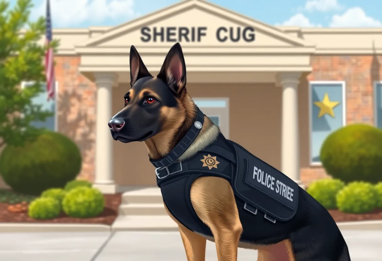 A K-9 police dog wearing a protective vest, symbolizing safety and courage.