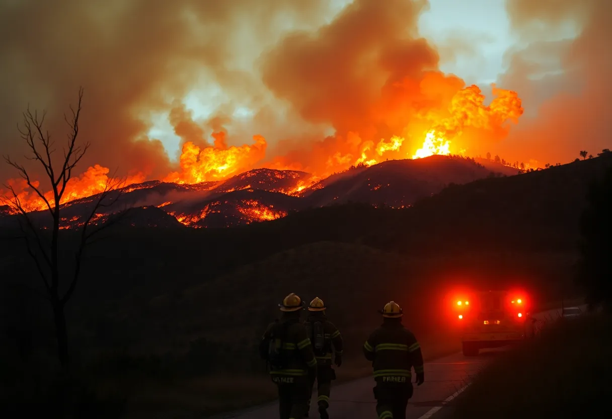 Firefighters battling a wildfire in Los Angeles