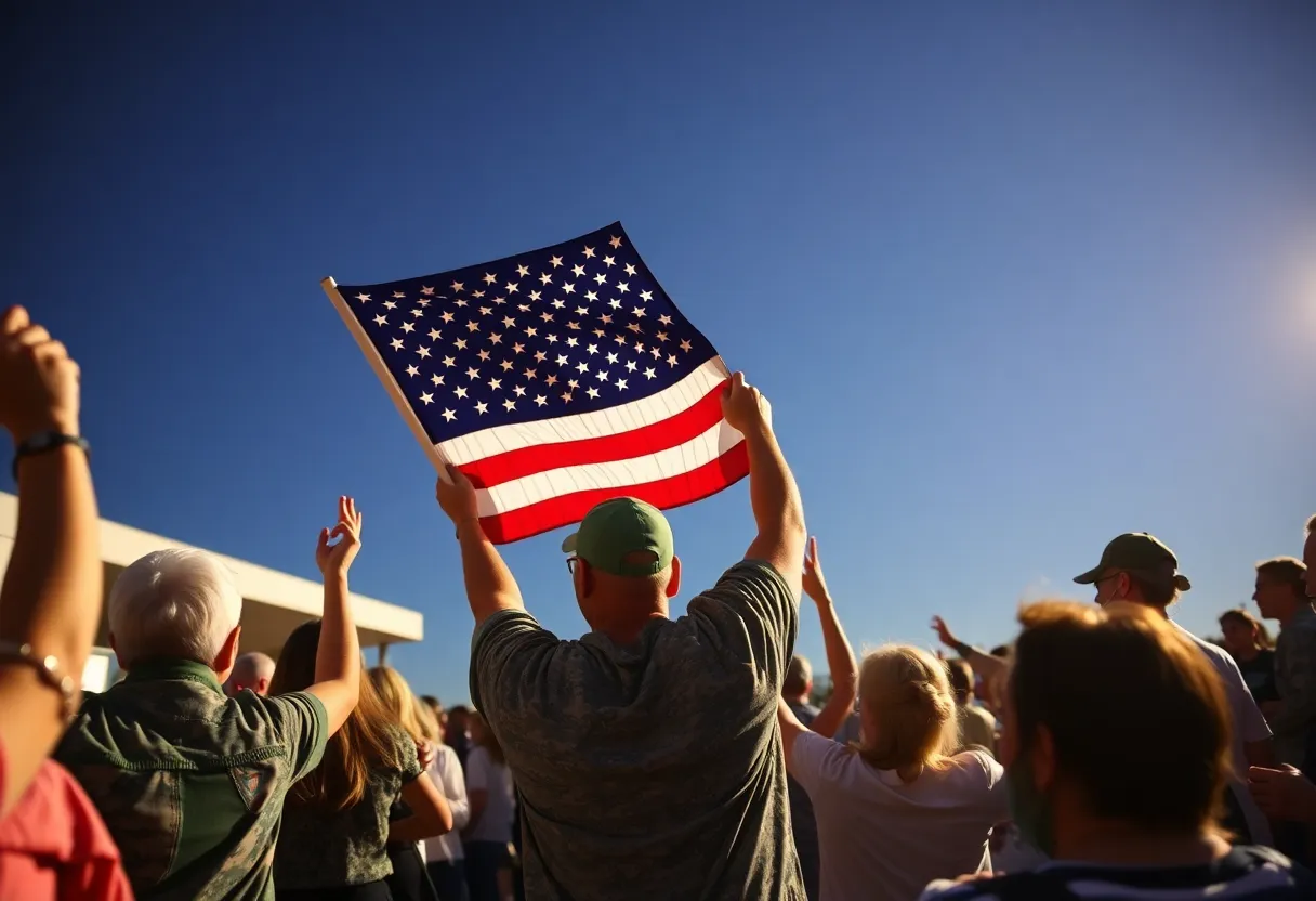 A welcoming scene of joy and family reunion with American flag