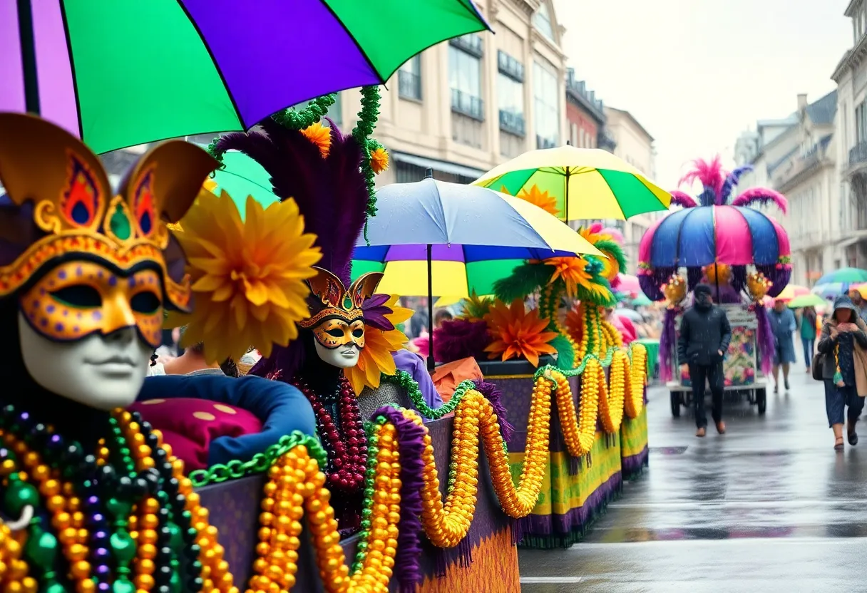 Mardi Gras parade scene with festive elements in rainy weather