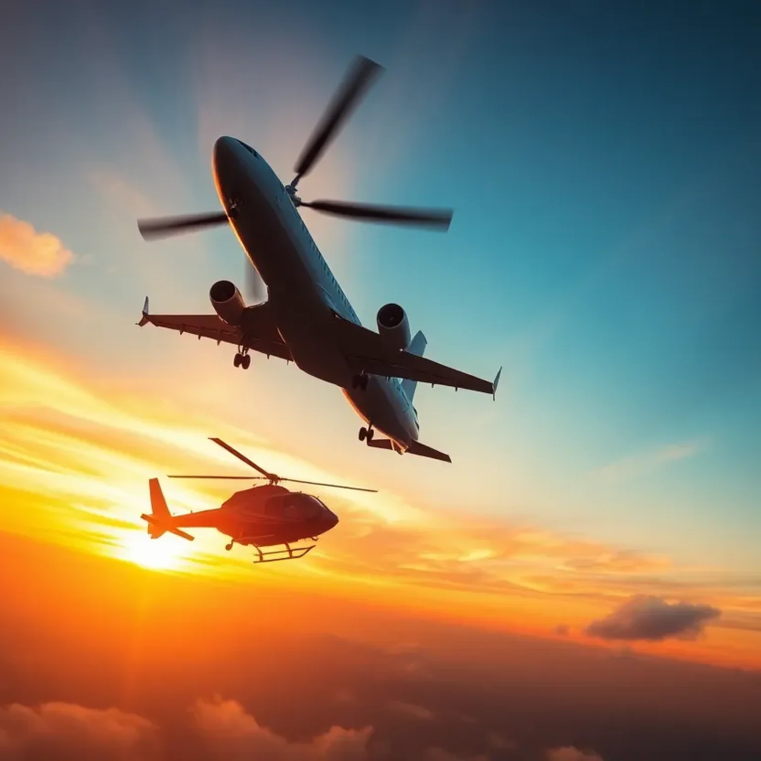 A representation of an airplane and helicopter in midair collision with a sunset backdrop.