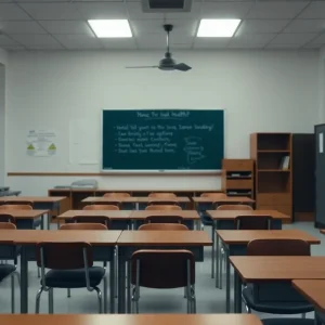 An empty classroom in Mooresville High School reflecting somber themes of safety and mental health.