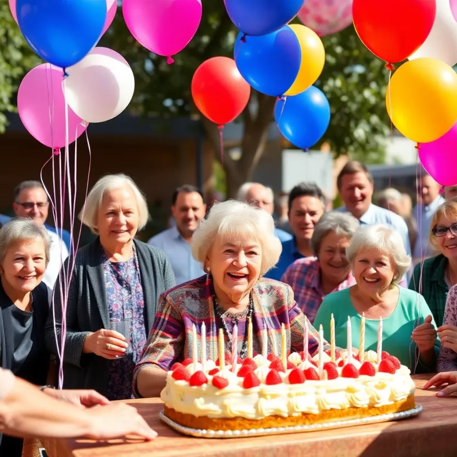 Community celebration for Mother Hyman's 100th birthday with decorations and happy faces.