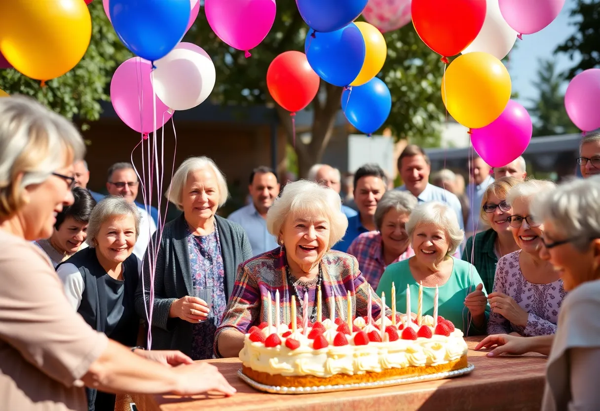 Community celebration for Mother Hyman's 100th birthday with decorations and happy faces.