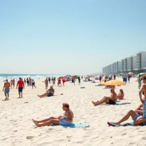 Beachgoers enjoying warm February weather in Myrtle Beach, SC.