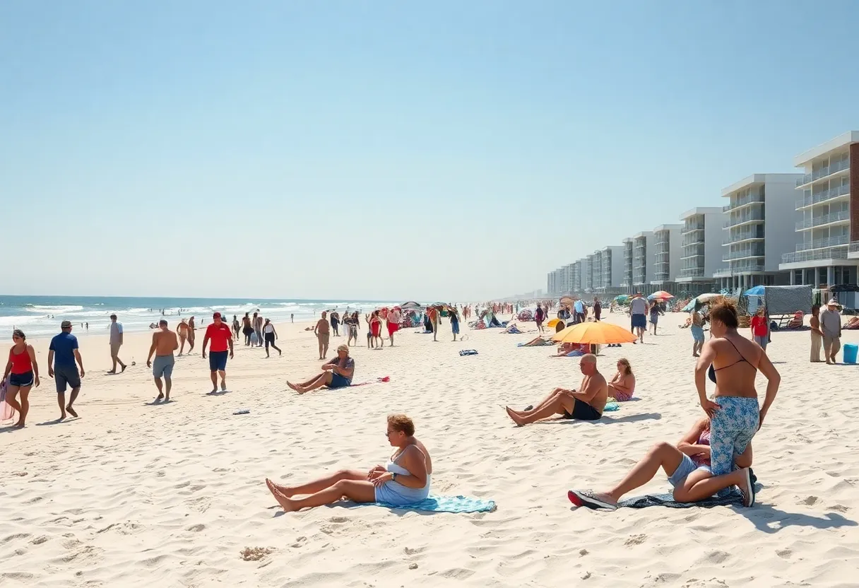 Beachgoers enjoying warm February weather in Myrtle Beach, SC.