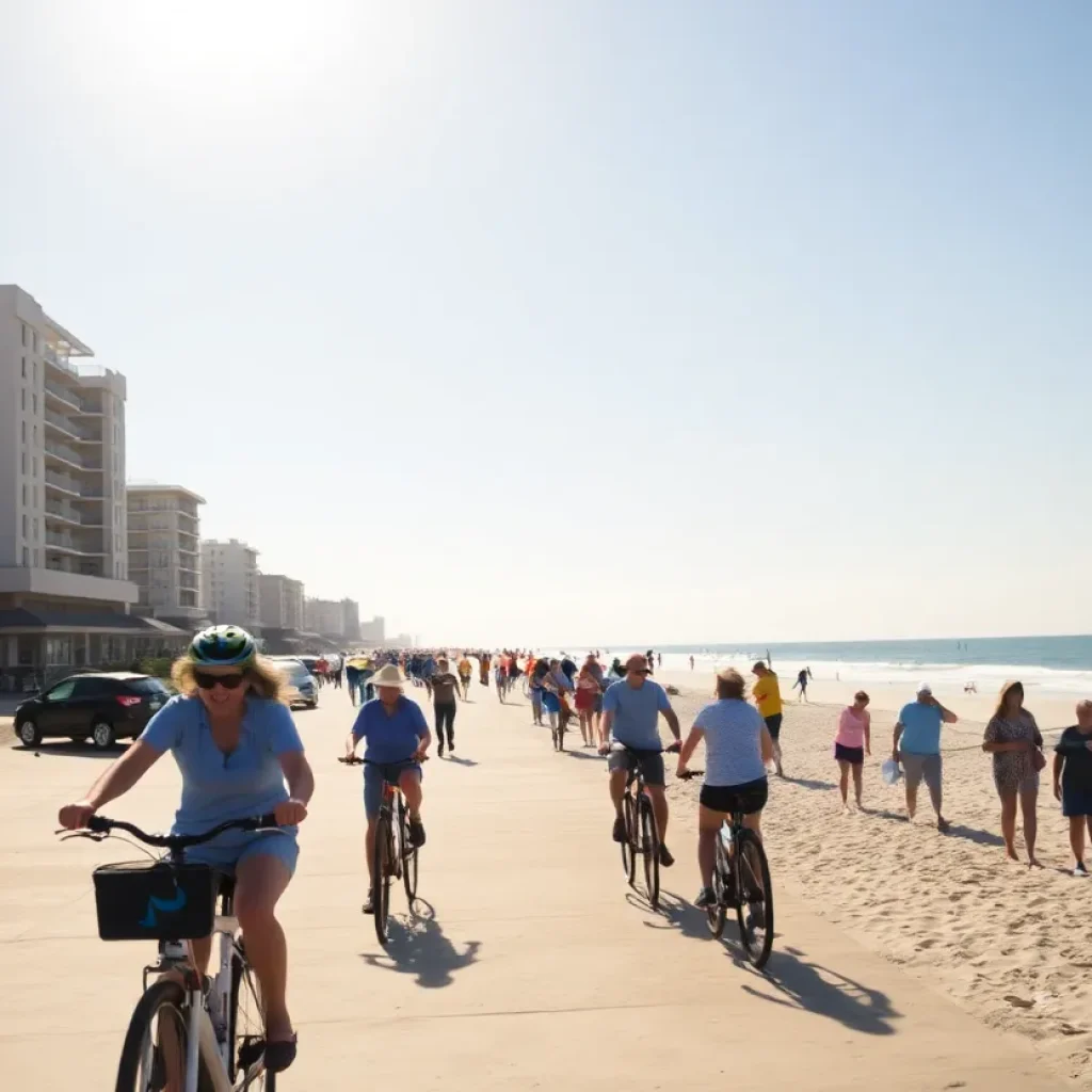 People enjoying a warm weekend at Myrtle Beach with outdoor activities