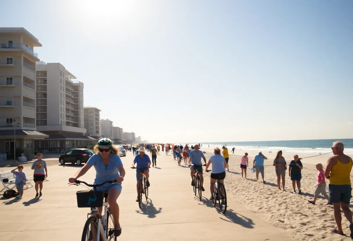 People enjoying a warm weekend at Myrtle Beach with outdoor activities